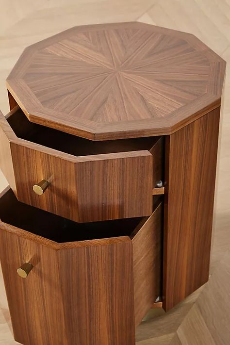 Quillen Marquetry Side Table | Anthropologie Aesthetic Advice, Boho Side Table, Unique End Tables, Simple Bedside Tables, Unique Side Table, Art Deco Bedroom, Side Table With Drawer, Walnut Side Tables, Guest Room Office