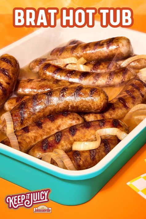 Brat Hot Tub Recipe, Beer Bath For Brats, Johnsonville Brat Recipes, Brat Recipes, Sausage Dinners, Sausage Breakfast Sandwich, Beer Bath, Brats Recipes, Sausage Gravy And Biscuits