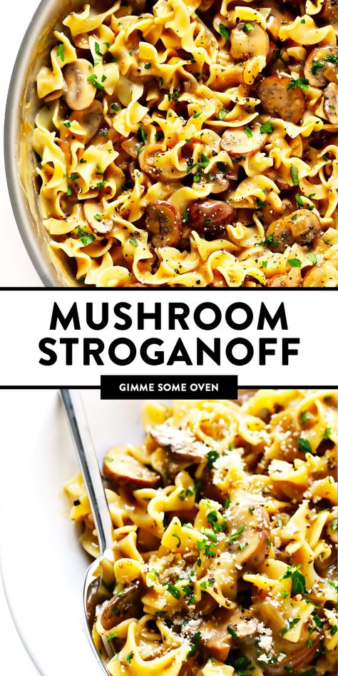 This vegetarian Mushroom Strogranoff recipe is easy to make in about 30 minutes, and it's always a crowd fave! Serve it for dinner over pasta (egg noodles), quinoa, grains or whatever sounds good. | gimmesomeoven.com #stroganoff #vegetarian #mushroom #dinner #pasta #noodles #healthy Mushroom Stroganoff Vegetarian, Stroganoff Vegetarian, Vegetarian Stroganoff, Stroganoff Pasta, Mushroom Stroganoff Recipe, Traditional Pasta, Mushroom Stroganoff, Vegetarian Pasta Recipes, Stroganoff Recipe