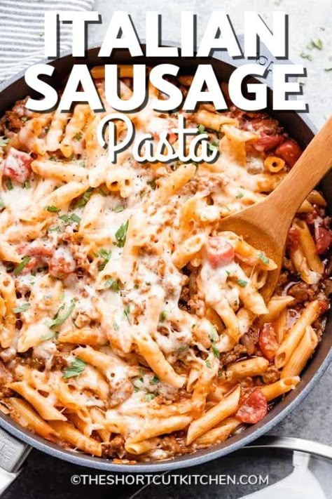 Italian Sausage Pasta is the perfect weekday meal for busy parents on the go! Made with hearty and simple ingredients, in just one pot, and in less that 30 minutes, what's not to love! Italian sausage, onion, tomatoes, Italian seasoning, penne, mozzarella and parmesan cheese combine to create a delicious dish that kids and adults alike will love. Make a double batch for the best tasting leftovers all week. #italiansausagepasta #onepotpasta #italiansausagepastarecipe #theshortcutkitchen Ground Italian Sausage Recipes, Italian Sausage Recipes Pasta, Ground Sausage Recipes, Pasta Sausage, Sausage Pasta Bake, Sausage Recipes For Dinner, Sausage Pasta Recipes, Italian Sausage Pasta, Italian Sausage Recipes