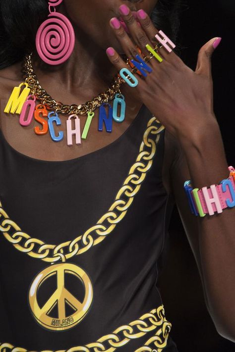 Moschino S/S '15 Moschino Fashion, Neon Jewelry, Crazy Fashion, Creative Outfits, Combat Boots Style, Women's Shoes Accessories, Red Lobster, 2015 Trends, Weird Fashion