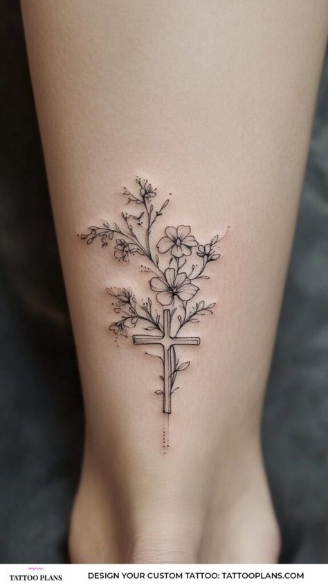 Cross Tattoo With Flowers Around It, Biblical Tattoos Women, Cross And Flower Tattoo, Christian Spine Tattoos For Women, Unique Christian Tattoos For Women, Flower Cross Tattoo, Floral Cross Tattoo, Christian Tattoos For Women, Pretty Cross Tattoo