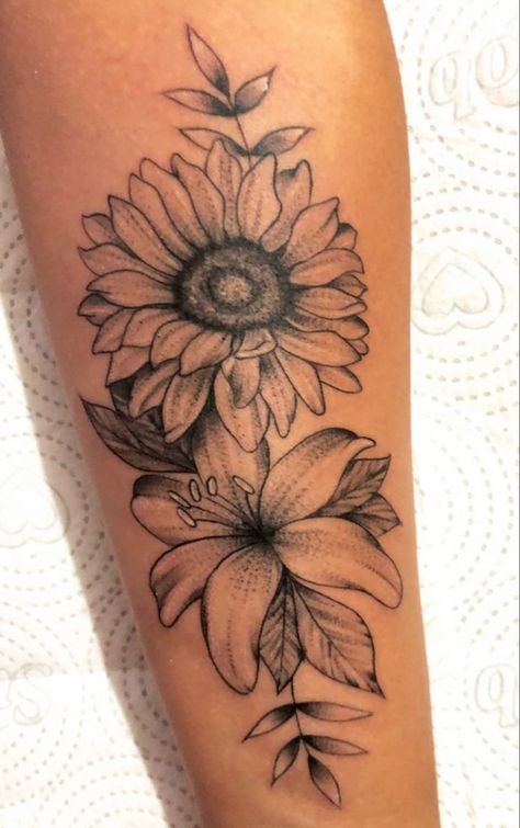 Hibiscus And Sunflower Flower Tattoos, Stargazer Lily And Sunflower Tattoo, Lilly Sunflower Tattoo, Sunflower And Tiger Lily Tattoo, Orchid Sunflower Tattoo, Tiger Lily And Sunflower Tattoo, Gerber Daisy Tattoo Sleeve, Lilly And Sunflower Tattoo, Sunflower Lily Tattoo