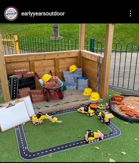 Outdoor Construction Area, Outdoor Car Track For Kids, Eyfs Outdoor Area, Mud Kitchen For Kids, Neutral Classroom, Playhouse Ideas, Preschool Garden, Kids Backyard Playground, Outdoor Play Areas