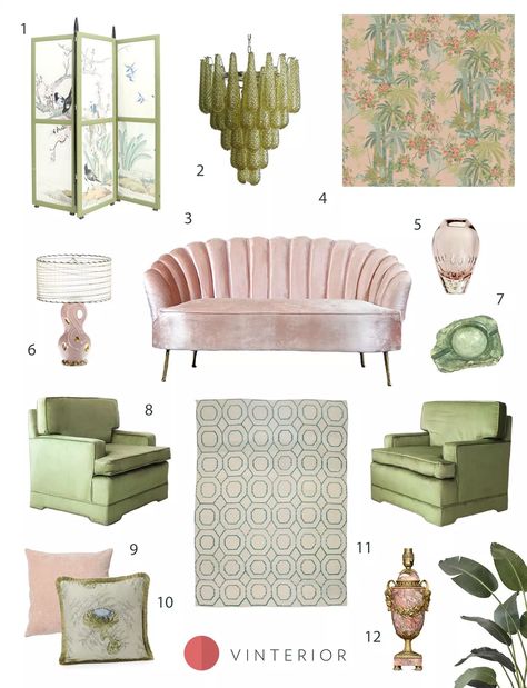 Pink And Green Sunroom, Green And Blush Living Room, Pink And Green Office, Pink Green Room, Interior Colour Palette, Pink And Green Decor, Spring Edit, Pink Living Room Decor, Light Green Walls