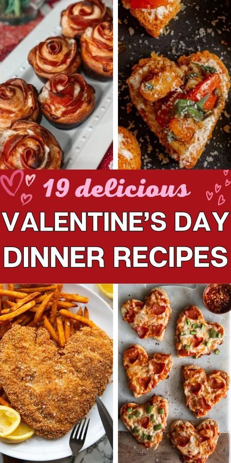 19 Valentine’s Day Dinner Ideas and 4 photos of different valentines day-themed recipes (heart shaped food and rose-shaped muffins) Easy Romantic Dinner For Two, Unique Dinner Ideas, Easy Romantic Dinner, Family Valentines Dinner, Romantic Dinner Ideas, Dinner Ideas For Two, Valentines Food Dinner, Unique Dinner, Easy Pasta Dinner