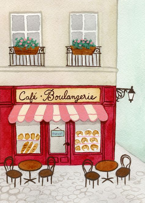 French bakery watercolor illustration by Victoria Scobbie Paris Painting Easy, Cafe Illustration Art, Cafe Graphic Design, Cafe Cartoon, Cafe Drawing, Cafe Painting, Cafe Illustration, Watercolor Painting Easy, Cafe In Paris