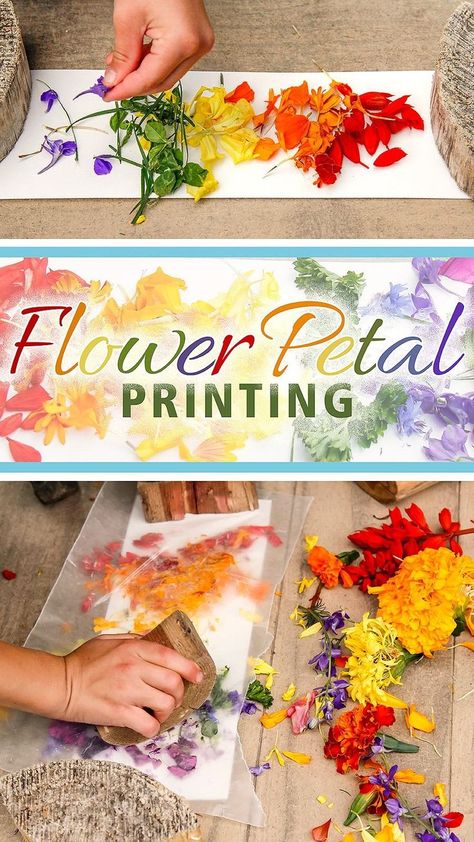 Flower Petal Printing: Nature Process Art | Preschool art, Craft activities for kids, Nature activities Process Art Preschool, Community Playthings, Art Preschool, Forest School Activities, Nature School, Theme Nature, Spring Activities, Flower Petal, Camping Art