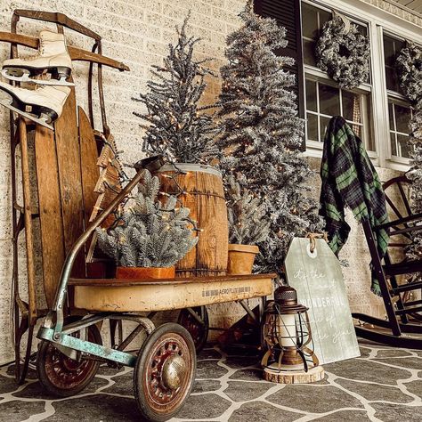 𝐂 𝐡 𝐞 𝐫 𝐲 𝐥 on Instagram: “🛷☃️💙We are just about done decorating, just need our real tree which we will get this weekend. Major kudos to hubby as he put up the…” Outdoor Winter Wonderland, Wagon Decor, Christmas Wagon, Natural Wood Accents, Wooden Cart, Rustic Christmas Decor, Cottage Decor Farmhouse, Christmas Decor Inspiration, Winter Wonderland Christmas