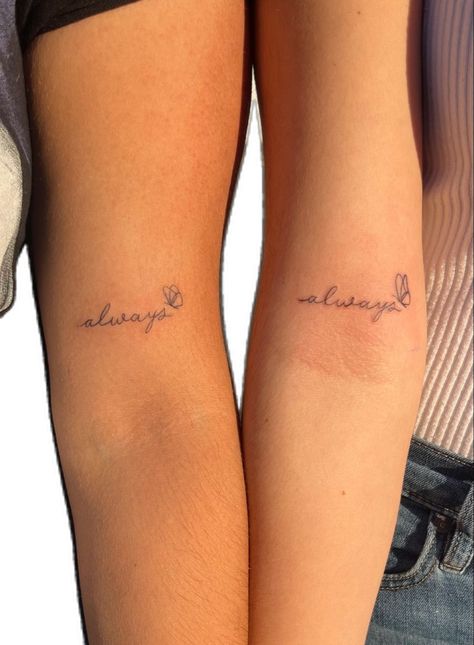 matching best friend tattoo cursive always butterflies minimalist simple small arm tattoo inner arm Bff Tattoos Small Unique, Unique Matching Tattoos For Best Friends, Matching Best Friend Tattoo, Friend Tattoos Small, Best Friend Tattoo, Matching Tattoos For Best Friends, Matching Friend Tattoos, Tattoos For Best Friends, Small Matching Tattoos