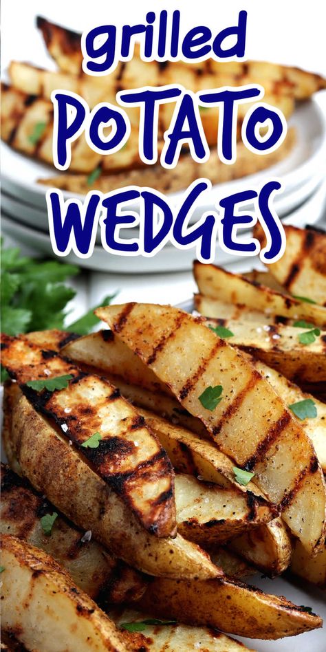 Piled or golden potato wedges with grill marks. Grilled Potato Slices, Grilled Potato Recipes, Potatoes On The Grill, Grilled Potato Wedges, Grilled Side, Seasoned Potato Wedges, Grilled Dinner Recipes, Grains Recipes, Grilled Side Dishes