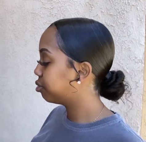 Low Bun Middle Part Black Women, Middle Part Bun Black Women, Sleek Low Bun Black Women, Sleek Bun Black Women, Middle Part Low Bun, Photoshoot Hairstyles, Pallet Room, Silk Press Hair, Future Hairstyles