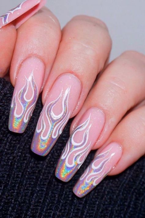 These holographic silver flame nails are SO incredible! This set of flame nails was created by @fiepedersendk using Kiara Sky products: Disco Ball holographic rub-on powder + Pure White. Tap the photo to check out more of our favorite flame nail designs! Flame Nail Art, Daisy Nails, Edgy Nails, Summer Acrylic Nails, Cat Kuku, Hot Nails, Holographic Nails, Coffin Nails Designs, Fire Nails