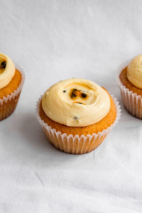 Gluten-free Vanilla Cupcakes with Passion Fruit Buttercream Gluten Free Cupcakes Vanilla, Fruit Cupcakes, Coffee Buttercream, Fun Cupcake Recipes, Baking Journal, Passion Fruit Juice, Cupcake Tray, Light Cakes, Cupcake Recipes Chocolate