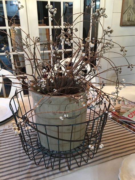 Displaying Antique Crocks, Antique Crate Ideas, Crock Fall Decorating Ideas, Large Wire Basket Decor Ideas, Old Crocks Decor Ideas Farmhouse, Crock Ideas Decor Farmhouse Style, How To Decorate With Old Crocks, Old Buckets Ideas Rustic, Crock Arrangements