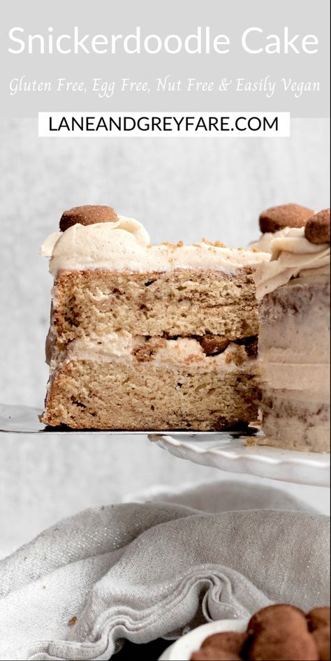 Close up of a piece of snickerdoodle cake being lifted out of the cake on a serving utensil. It’s filled with cinnamon brown sugar buttercream and snickerdoodle cookies. Vegan Snickerdoodle Cookies, Brown Sugar Buttercream, Snickerdoodle Cake, Cookies Best, Gluten Free Snickerdoodles, Gluten Free Dairy Free Dessert, Cake With Cinnamon, Vegan Gluten Free Desserts, Dairy Free Cake