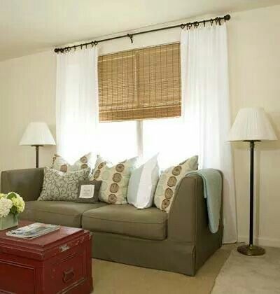 Curtains with couch under window. Narrow Living, Behind Couch, Narrow Living Room, Ceiling Curtains, Wooden Shades, Bamboo Curtains, White Drapes, Bamboo Shades, Curtain Ideas