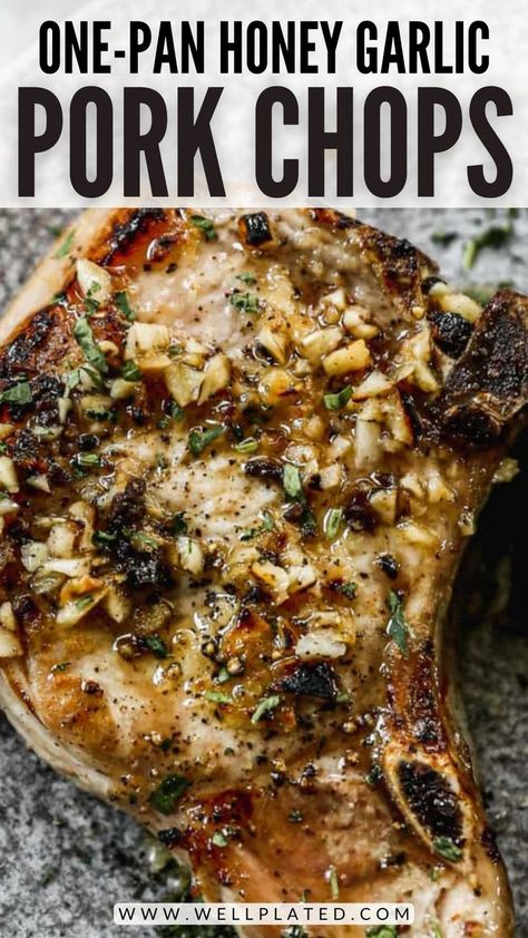 Juicy, tender, and oh-so-flavorful, this easy honey garlic pork chops recipe is quick to bake in the oven and a family favorite! Thick Pork Chop Recipes, Thick Pork Chop Recipe, Oven Baked Pork Chops, Honey Garlic Pork, Garlic Pork Chops, Well Plated, Apple Walnut Salad, Garlic Pork, Honey Garlic Pork Chops