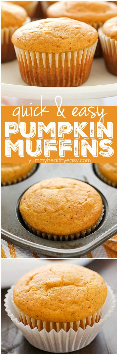 Easy Pumpkin Muffins are the perfect fall breakfast or snack! Using Bisquick as a shortcut makes these just about the easiest pumpkin muffins ever! Only 7 ingredients and 120 calories, you and your family will LOVE these delicious, light & fluffy easy pumpkin muffins for a quick fall breakfast! Pumpkin Muffins 2 Ingredients, Gingerbread Pumpkin, Easy Pumpkin Muffins, Healthy Gingerbread, Muffins Blueberry, Gingerbread Muffins, Pumpkin Muffins Easy, Muffins Healthy, Pumpkin Recipes Easy