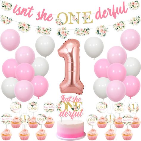 PRICES MAY VARY. Isn't She Onederful Birthday Party Decorations: Package includes 18*12 inches latex balloons, 1 “isn't she ONEderful” banner, 1 floral garland, 1 “isn't she ONEderful” cake topper, 12 floral 1st birthday cupcake toppers and 2 white ribbons 33ft. Floral 1st Birthday Banner: This banner is made of printing cardstock, which is durable and reusable; single-sided, digitally printed on quality paper, with vibrant colors. You can hang it at the entrance of your event, over the food tab Baby Girl 1st Birthday Ideas, Onederful Birthday Party Girl, One Year Old Birthday Party Girl, Isn't She Onederful Birthday, 1st Birthday Girl Theme, 1st Birthday Decorations Girl, 1st Birthday Girl Party Ideas, Girl First Birthday Theme, First Birthday Girl Themes