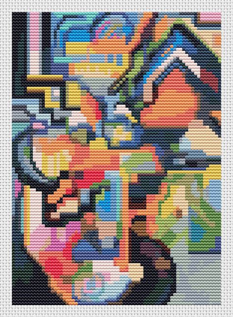 Abstract Cross Stitch, Abstract Cross, August Macke, Moon Cross Stitch, Cross Stitch Beginner, Rainy Day Crafts, Abstract Embroidery, Beautiful Cross Stitch Pattern, Mini Cross