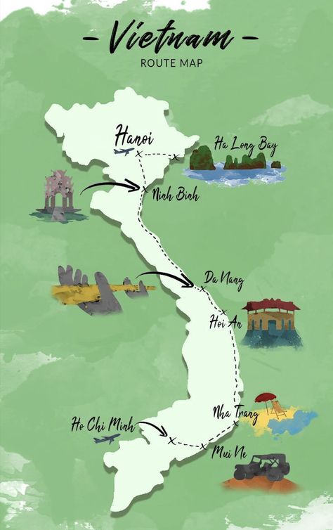 Map Route, Vietnam Vacation, Vietnam Map, Summer Travel Destinations, Beautiful Vietnam, Vietnam Voyage, Vietnam Travel Guide, Vietnam Art, Budget Travel Destinations