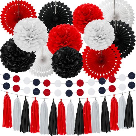 Red Party Themes, Red Party Decorations, Black Party Decorations, Tissue Tassel Garland, Red Birthday Party, Tissue Paper Tassel Garland, Paper Pom Pom, Pom Pom Flowers, Tissue Paper Tassel