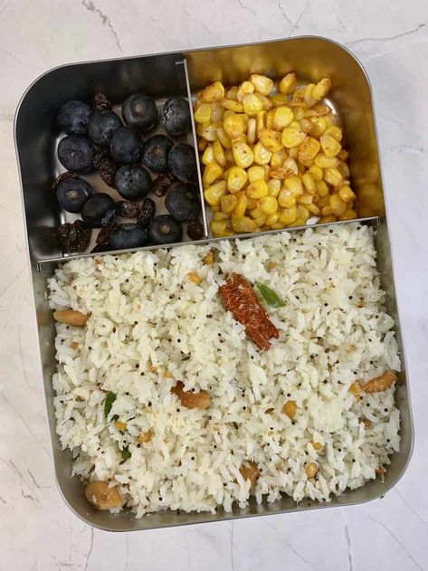 lunchboxidea24 coconut rice Kids Lunch Box Ideas, Masala Corn, Healthy School Lunch, Lunch Recipes Indian, Lunch Box Idea, School Lunch Recipes, Tiffin Recipe, Indian Rice Recipes, Box Recipes