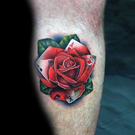 Poker Tattoo, Playing Card Tattoos, Casino Tattoo, Realistic Rose Tattoo, Card Tattoo Designs, Rose Tattoos For Men, Rose Tattoos For Women, Gambling Tattoo, Tattoo Designs For Men