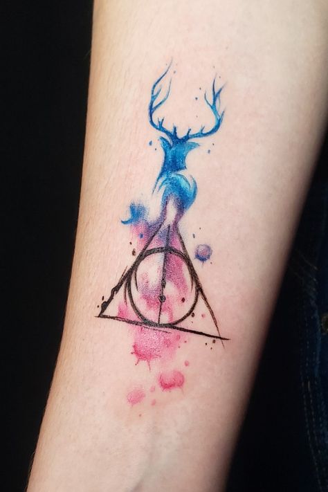 Color Harry Potter Tattoo, Harry Potter Wrist Tattoos For Women, Harry Potter Doe Patronus Tattoo, Forearm Tattoo Women Harry Potter, Watercolour Harry Potter Tattoos, Patronus Tattoo, Tiny Harry Potter Tattoos, Watercolor Tattoo Sleeve, Harry Potter Tattoo Sleeve