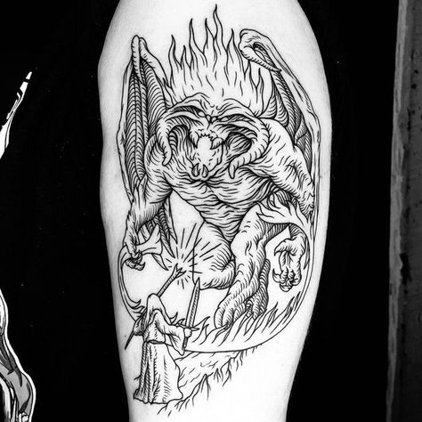 Lotr Blackwork Tattoo, Gimli Tattoo, Lotr Sleeve Tattoos, Ent Tattoo, Etching Tattoos, Balrog Tattoo, Cryptid Tattoo, Lotr Sleeve, Smaug Tattoo