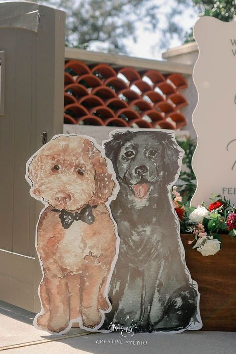 Incorporating Dog Into Wedding, Dogs Wedding Ideas, Dog Bridal Shower Theme, Incorporate Dog In Wedding Decor, Fun Wedding Welcome Sign, Ways To Include Dog In Wedding, Flower Dog Wedding, Dog Welcome Sign, Dog Incorporated In Wedding