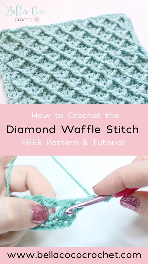 Waffle Stitch Crochet, Crochet Waffle Stitch, Waffle Stitch, Crochet Fall, Crochet Patterns Free Blanket, Stitch Crochet, Crochet Stitches Tutorial, Crochet Stitches Patterns, Diamond Stitch