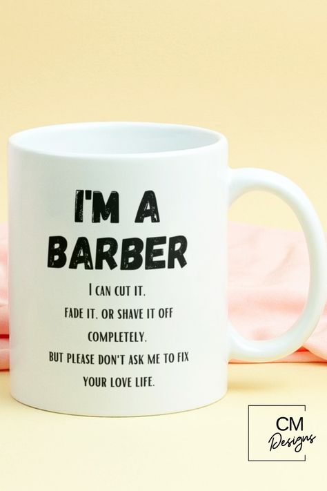 Barber themed gifts, present for hairstylist hairdresser haircutter, female barber cup Barber Gift Ideas, Barber Quotes, Hairdresser Humor, Female Barber, Barber Gifts, Hairstylist Quotes, Gifts For Your Boss, Barbershop Design, Work Essentials