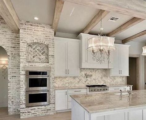 Kitchen With Island And Double Oven, Kitchen Design Double Oven, Kitchen Double Oven, Double Ovens In Kitchen Layout, Double Ovens, Double Oven Kitchen Layout, White Kitchen Interior, Double Oven Kitchen, Dream Kitchens Design