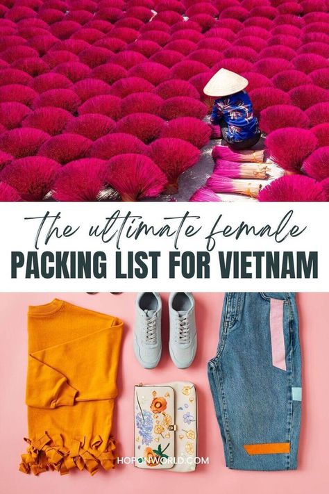 packing for vietnam Vietnam Outfits Travel, What To Wear In Vietnam, Vietnam Outfit Ideas, Vietnam Packing List, Vietnam Cruise, Asia Packing List, Packing List For Women, Vietnam Clothes, Vietnam Vacation