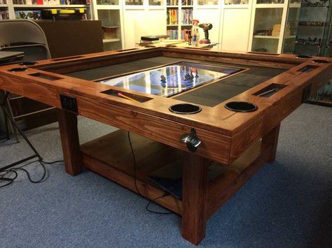 Build a dream gaming table that can even include an embedded digital mapping system Gaming Table Diy, Dnd Room, Dnd Table, Rpg Table, Diy Tabletop, Board Game Room, Game Room Tables, Nerd Room, Board Game Table