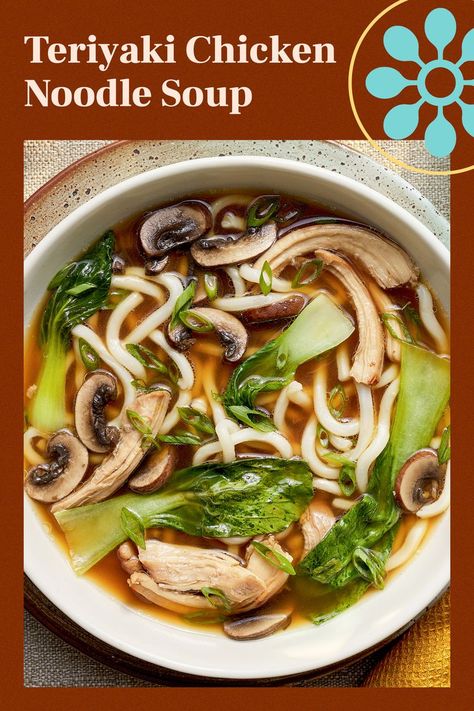 Teriyaki Chicken Noodle Soup Teriyaki Soup, Teriyaki Chicken Noodles, Rice Noodle Soup, Asian Soup Recipes, Asian Bowls, Rice Noodle Soups, Japanese Sauce, Marinated Chicken Thighs, Thai Salad