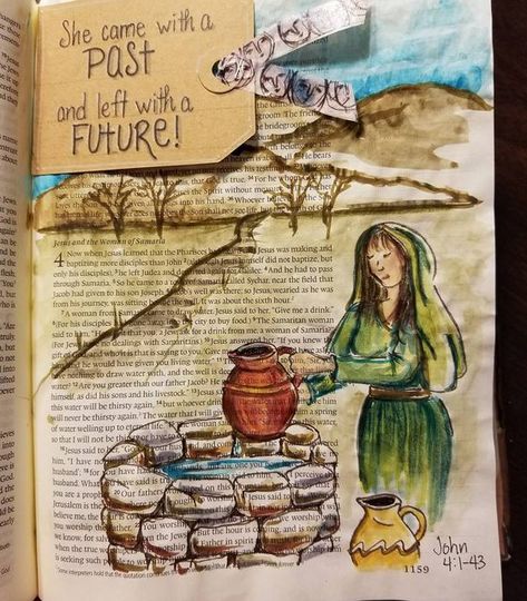 Jann Gray on Instagram: "John 4:1-13 Really loved reading the story of the woman at the well this week. She has always held a special place in my heart. I love how gently Jesus dealt with her...not sugar coating reality -- but neither did He shame her. He talked with her about things that mattered...and introduced her to the living water! She came with a past...and left with a future. I used January Click Prints to Benin this illustration. #illuminatedjournaling #ClickPrints" The Woman At The Well, Woman At The Well, Romans 10, Bible Journaling For Beginners, Night Owls, Bible Illustrations, New Bible, Spiritual Encouragement, Faith Art