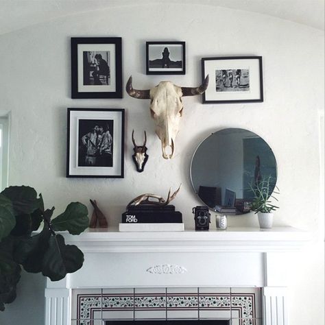 #MYDOMAINE: 12 Gorgeous Gallery Walls From Our Readers via @mydomaine Cow Skull Gallery Wall, Skulls On Wall, Cow Skull Decor Living Room, Deer Skull Decor Living Room, Bull Skull Decor, Bone Project, Cow Skull Wall Decor, Deer Skull Decor, Cow Skull Decor