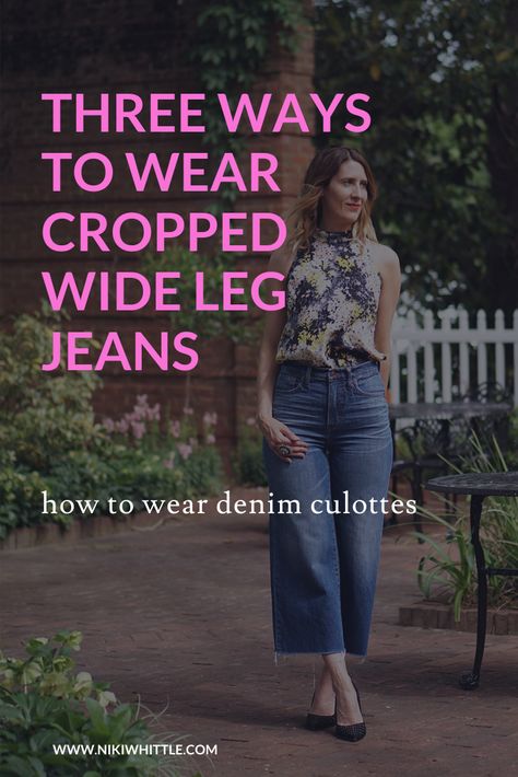 Short Wide Leg Jeans Outfit, Denim Cullotes Outfit, Cullotes Jeans Outfit, How To Wear Wide Leg Cropped Jeans, Tops To Wear With Wide Leg Jeans, Tops To Wear With Wide Leg Pants, Wide Leg Crop Jeans Outfit, Culotte Jeans Outfit, Wide Legged Jeans Outfit