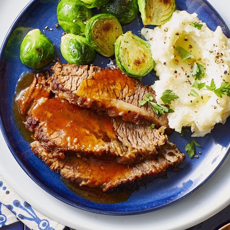 Tender beef brisket is cooked the day before, then served hot in a tangy and sweet gravy. Sweet And Sour Brisket, Easy Brisket Recipe, Sweet And Sour Beef, Passover Dinner, Carrot Dishes, Potato Kugel, Seder Meal, Traditional Holiday Recipes, Braised Brisket