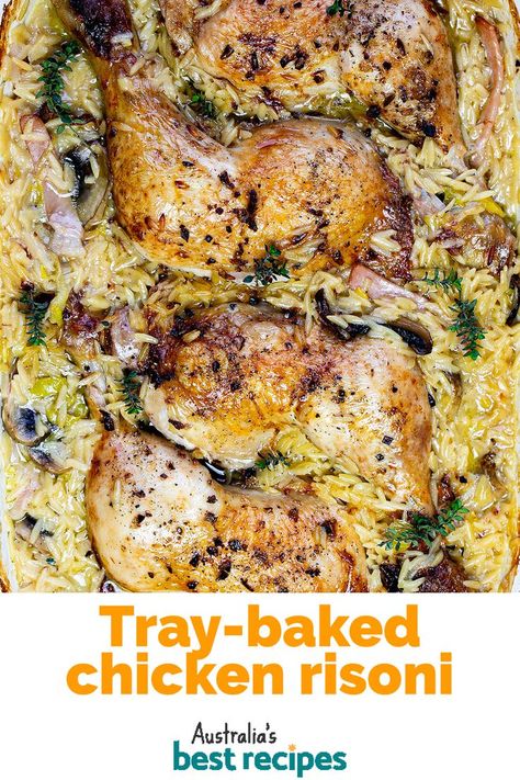 Chicken, bacon and pasta, all cooked on the one tray, packed full of flavour - what could be easier for dinner tonight? Risoni Recipes, Leg Quarters, Orzo Recipes, Tray Bake, Baked Dinner, One Dish Dinners, Sheet Pan Dinners, Family Food, Chicken Bacon