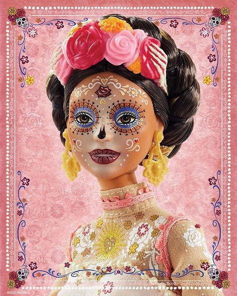 Barbie Catrina, New Barbie Dolls, Traditional Hairstyle, Embroidered Lace Dress, Marigold Flower, Sugar Skull Art, Día De Muertos, Barbie I, Barbie Friends