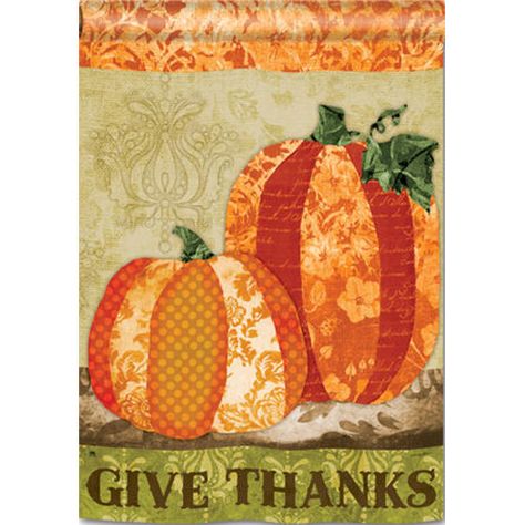 About the Design Pretty Tapestry Pumpkins with a Give Thanks Thanksgiving message. About the Flag Decorate your home and garden with house flags from Magnet Works. Magnet Works BreezeArt premium flags feature mildew and fade resistant prints on exclusive SolarSilk polyester fabric. BreezeArt house flags from Magnet Works are heavier and more durable than typical flags and feel softer and silkier, providing better drape and movement. Features: Readable on both sides Size: House - 28" x 40" Thanksgiving Flag, Electric Quilt, Burlap Garden Flags, Pumpkin House, Thanksgiving Banner, Quilt In A Day, Fiber Art Quilts, Stacked Pumpkins, Flag Sizes