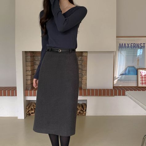 CHERRYKOKO_English Midi Skirt With Belt, Skirt With Belt, Fashion Sites, Korea Fashion, Colourful Outfits, Charcoal Color, Black Charcoal, Charcoal Gray, Daily Fashion