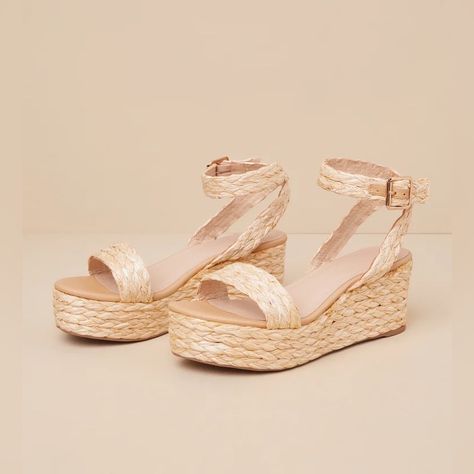 Elevate Your Summer Style With Our Natural Raffia Espadrille Platform Wedge Sandals. Made With Man Made Materials, These Sandals Are Both Stylish And Environmentally Friendly. With A 2.75" Wrapped Wedge Heel, Cushioned Insole, And Nonskid Rubber Sole, These Sandals Provide Both Comfort And Stability For All-Day Wear. Details Imported Man Made Materials. Imported. 2.75" Wrapped Wedge Heel. Cushioned Insole. Rubber Sole Has Nonskid Markings. #Raffia Wedges, Espadrille, Platform Wedges, Vacation, R Beachy Shoes, Raffia Sandals, Beige Sandals, Summer Wedges, Espadrilles Platform, Wedges Style, Ankle Strap Wedges, Cute Sandals, Platform Wedge Sandals