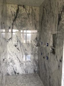 Bathroom Grey Countertop, Stone Shower Walls, Stone Showers, Granite Shower, Yellow Bathroom Decor, Bathroom Grey, Granite Bathroom, Stone Shower, Rings Beads