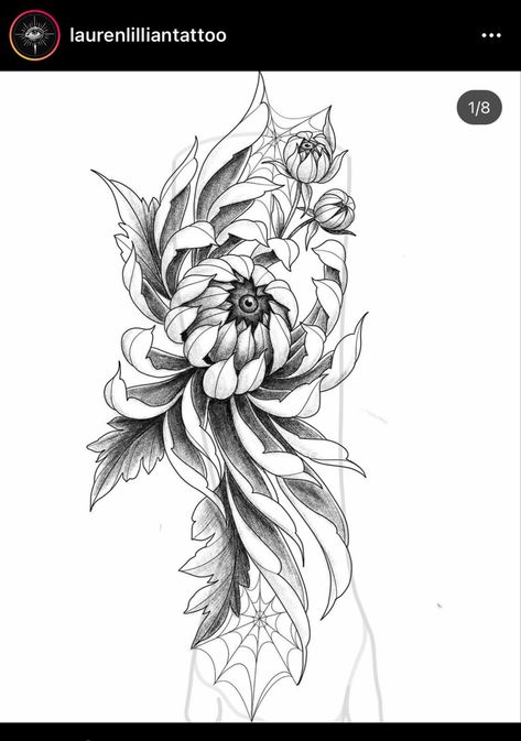 Black Chrysanthemum Tattoo Design, Crysantenum Tattoo, Crysanthemum Tattoo Design, Crisanthiums Flower Tattoo, Organic Tattoo Design, Black Chrysanthemum Tattoo, Chrysanthemum Tattoo Design, Crisantemo Tattoo, Black And White Flower Tattoo