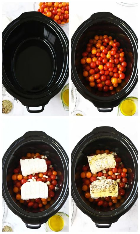 Slow Cooker Tomato and Feta Pasta - Savvy Saving Couple Feta Tomato Pasta Crock Pot, Tomato Slow Cooker Recipes, Tomato And Feta Pasta, Tomato And Feta, Crockpot Pasta, Cherry Tomato Recipes, Crock Pot Dips, Poo Poo, Cherry Tomato Pasta